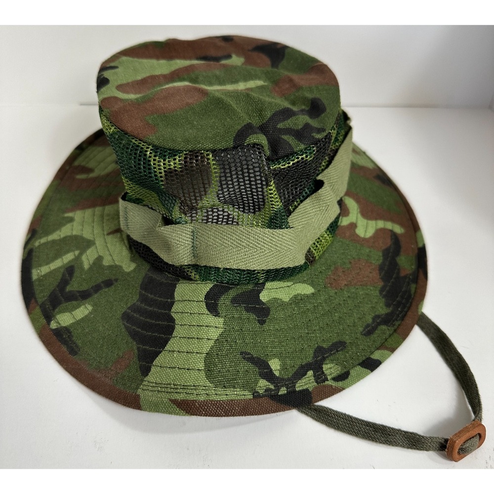 Vintage Dorfman Pacific Co Boonie Hat Small Woodland Camo Mesh Strap Bucket USA